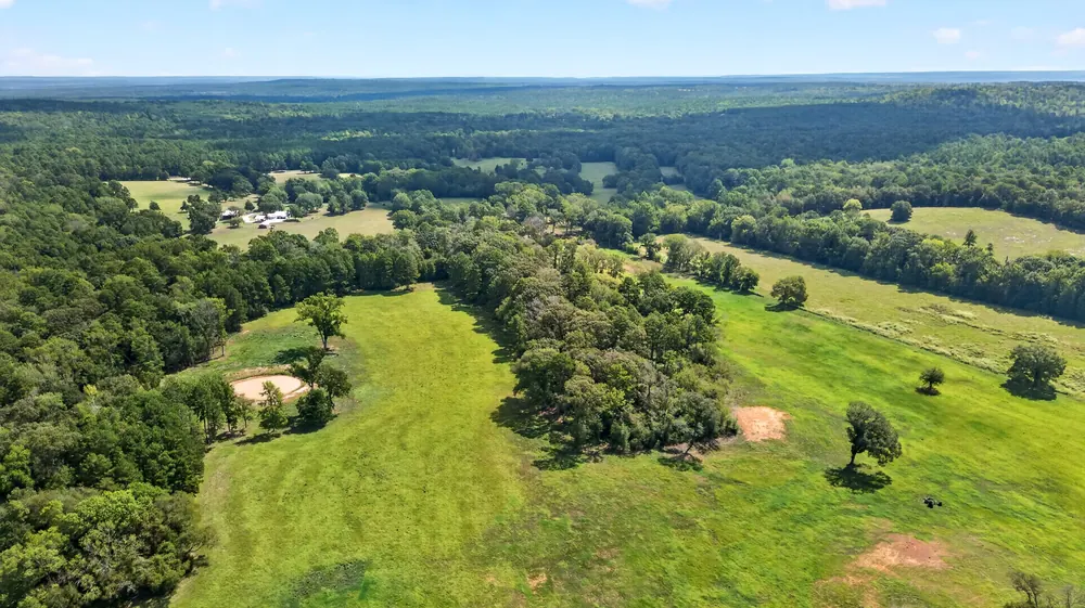 Aerial view of pasture and wooded areas