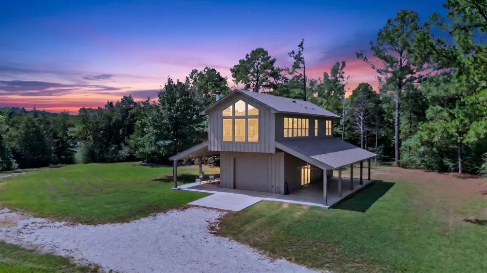 Twilight aerial view of the Conaway Family Farm residence